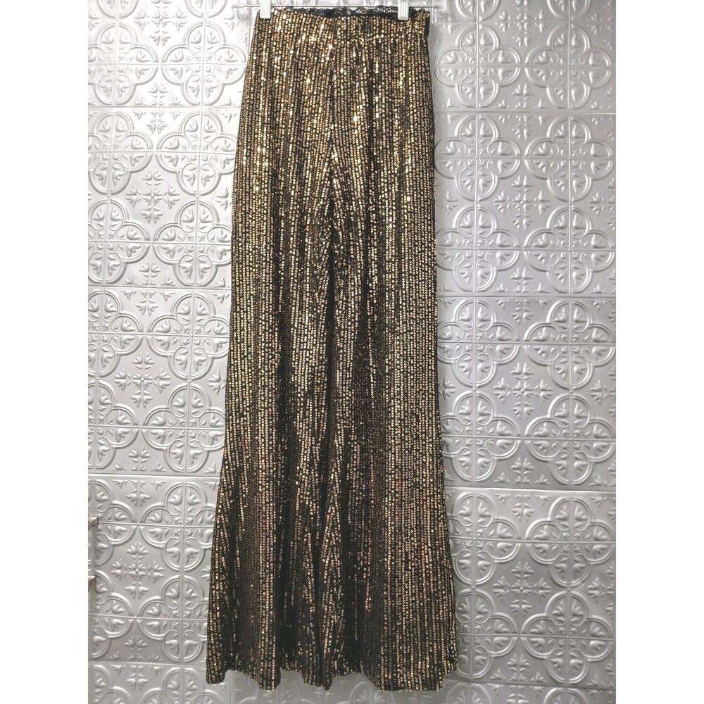 Dressy Gold Sequins Black Pants Sz S Wide Flare Shiny Sparkle Party Glam Holiday